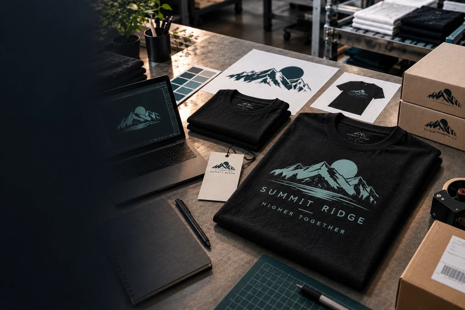 Summit Ridge product moving from artwork and product definition into a finished, production-ready garment on a production workspace table.