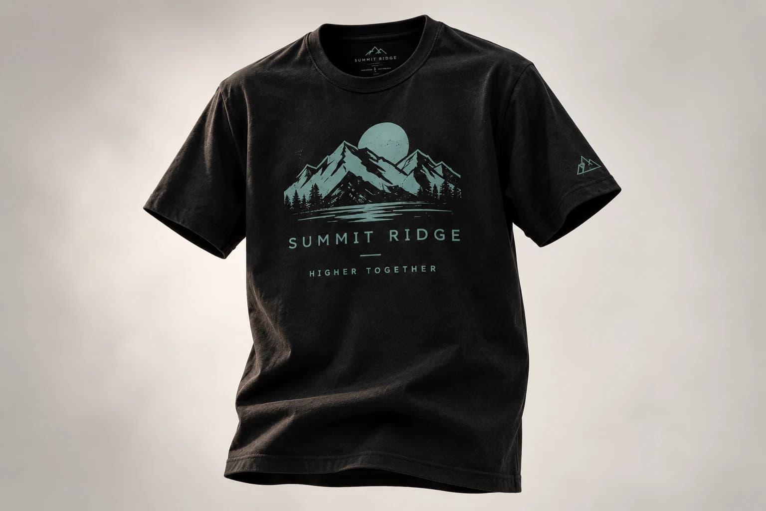Black Summit Ridge trail shirt with a teal mountain chest print.