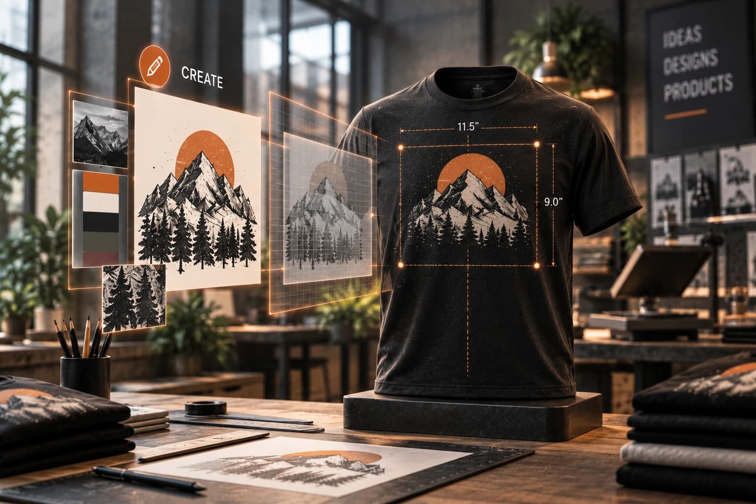 A mountain design being built directly on a t-shirt: reference photo, color palette, flat artwork, and a projected grid showing exact placement and dimensions on the actual garment.