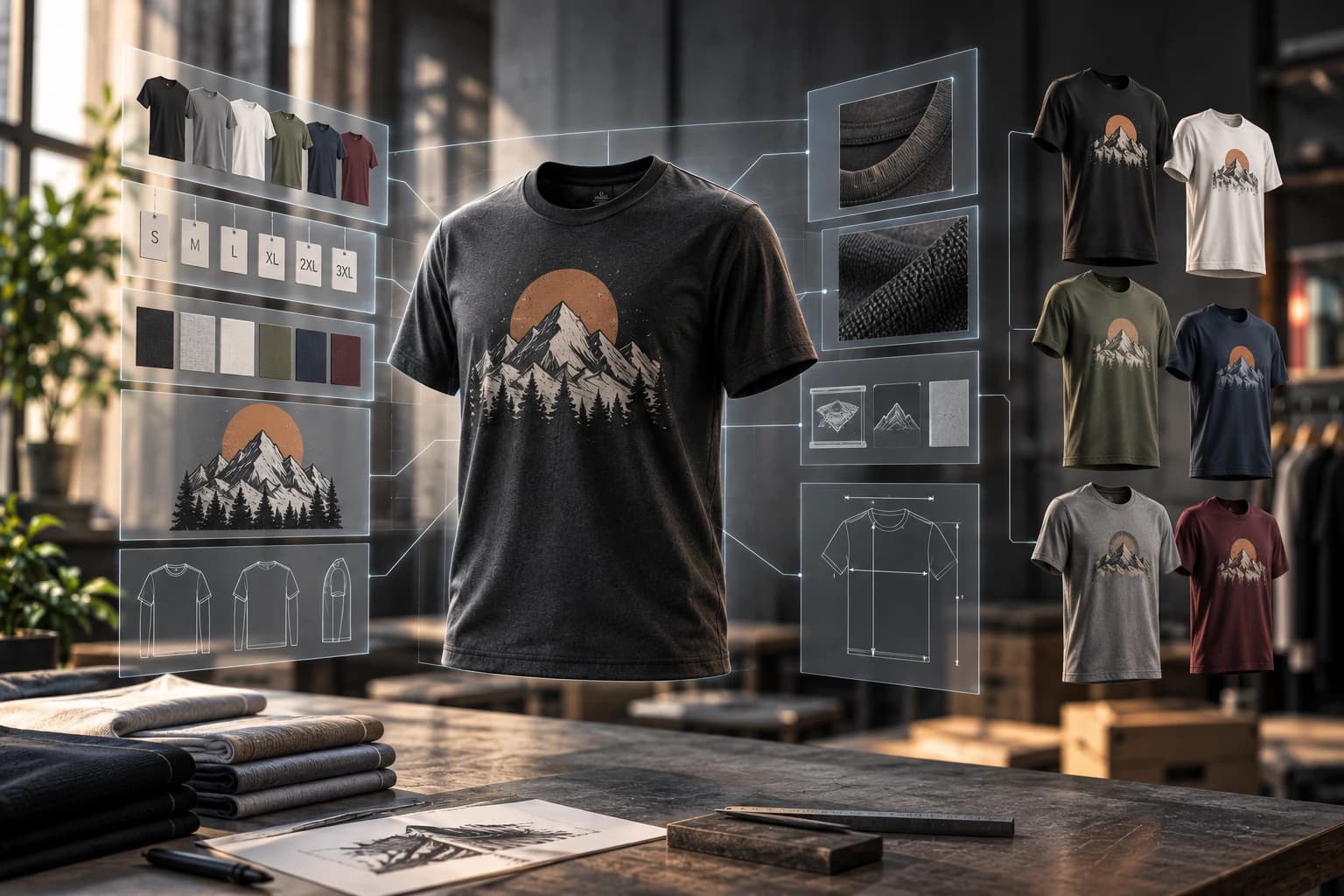 One shirt exploding into its structured definition: colors, sizes, fabric swatches, artwork placement, construction diagrams, and every finished color variant.