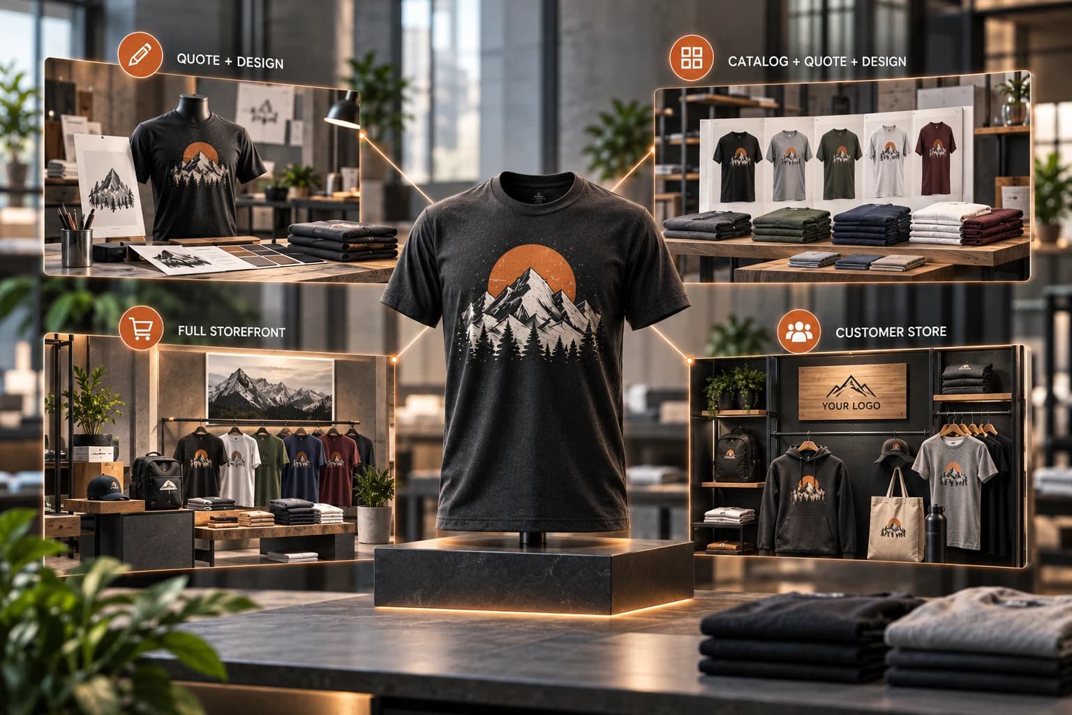 One shirt at the center of four distribution modes: quote plus design, catalog plus quote plus design, a full storefront, and a branded customer store.