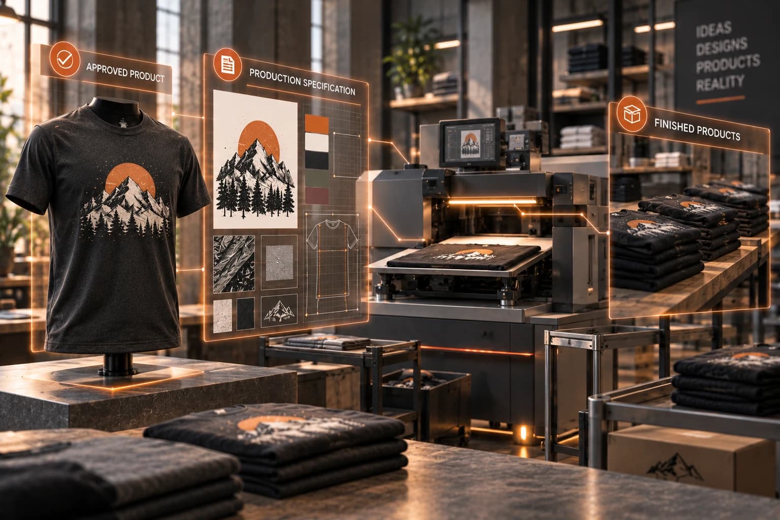 An approved product moving from its production specification, through a print press mid-run, to finished folded shirts ready to ship.