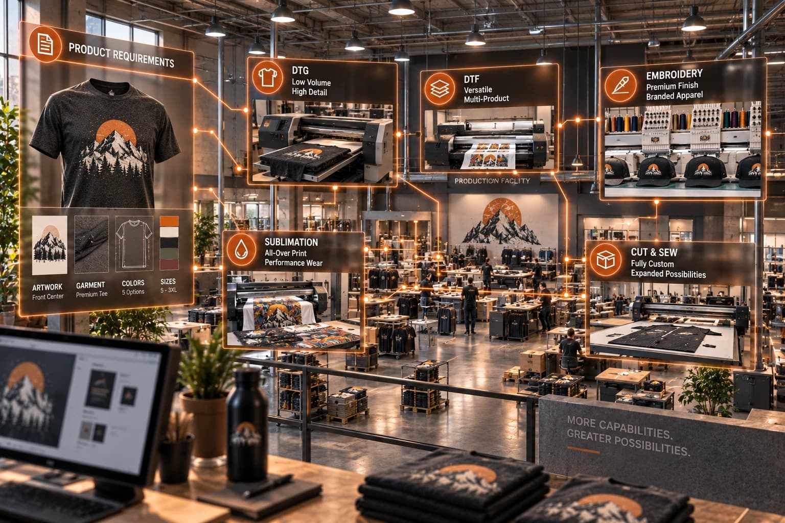 A product’s requirements connected to a range of production methods a facility can offer: DTG, DTF, embroidery, sublimation, and cut and sew.