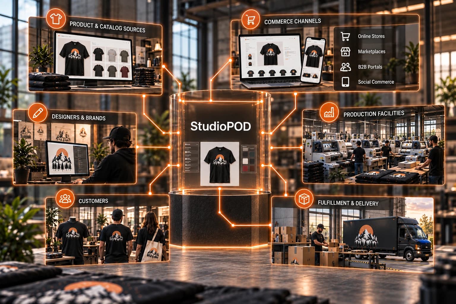 StudioPOD shown at the center of a connected operation: product and catalog sources, designers and brands, commerce channels, customers, production facilities, and fulfillment and delivery.