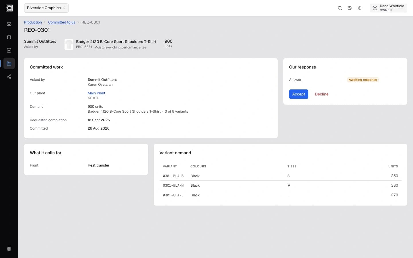 A committed order detail showing who asked for it, the requested completion date, the accept-or-decline response, and a breakdown of demand by variant.