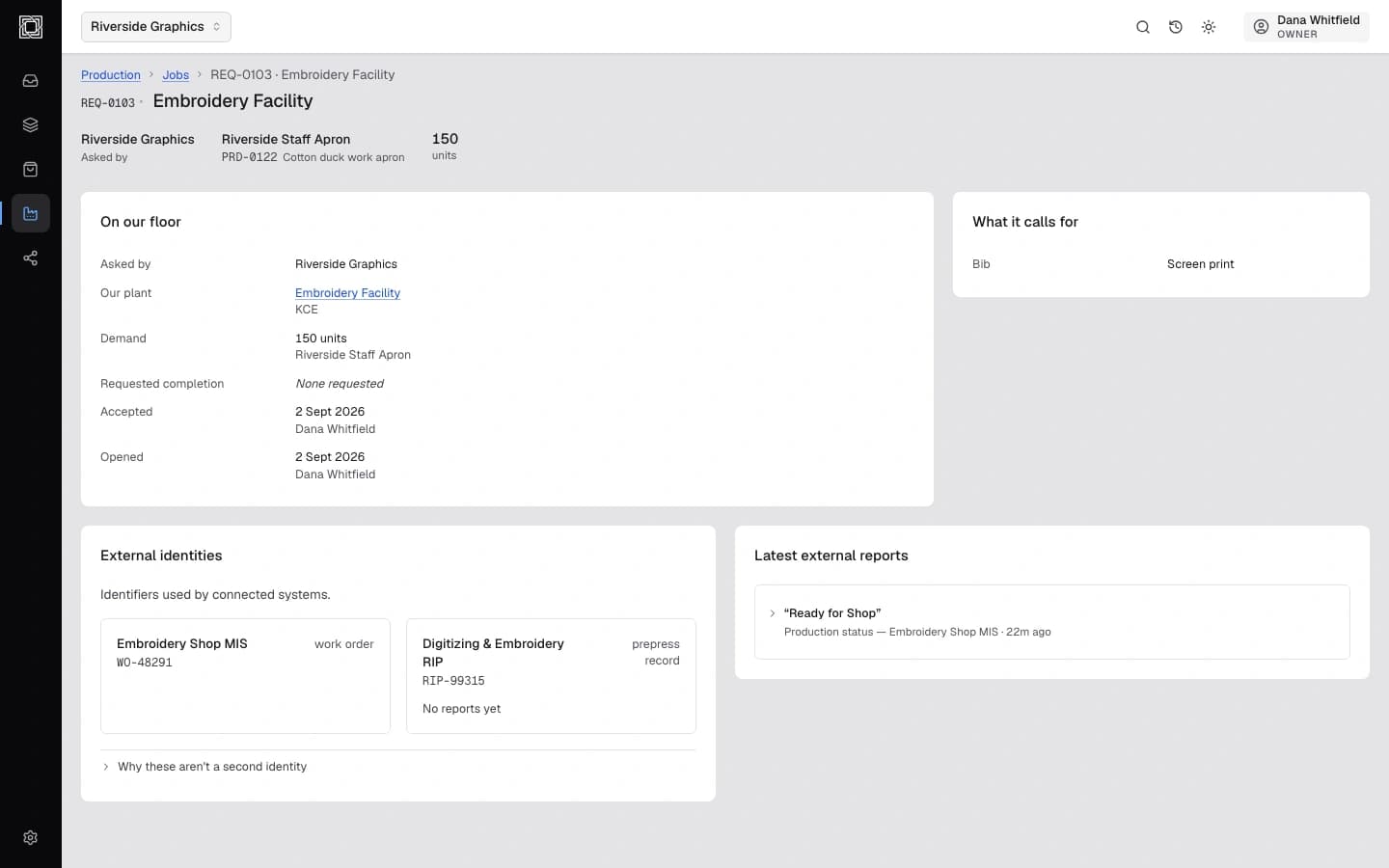 A production job showing its connected external system identities and the latest status report received from the shop floor.