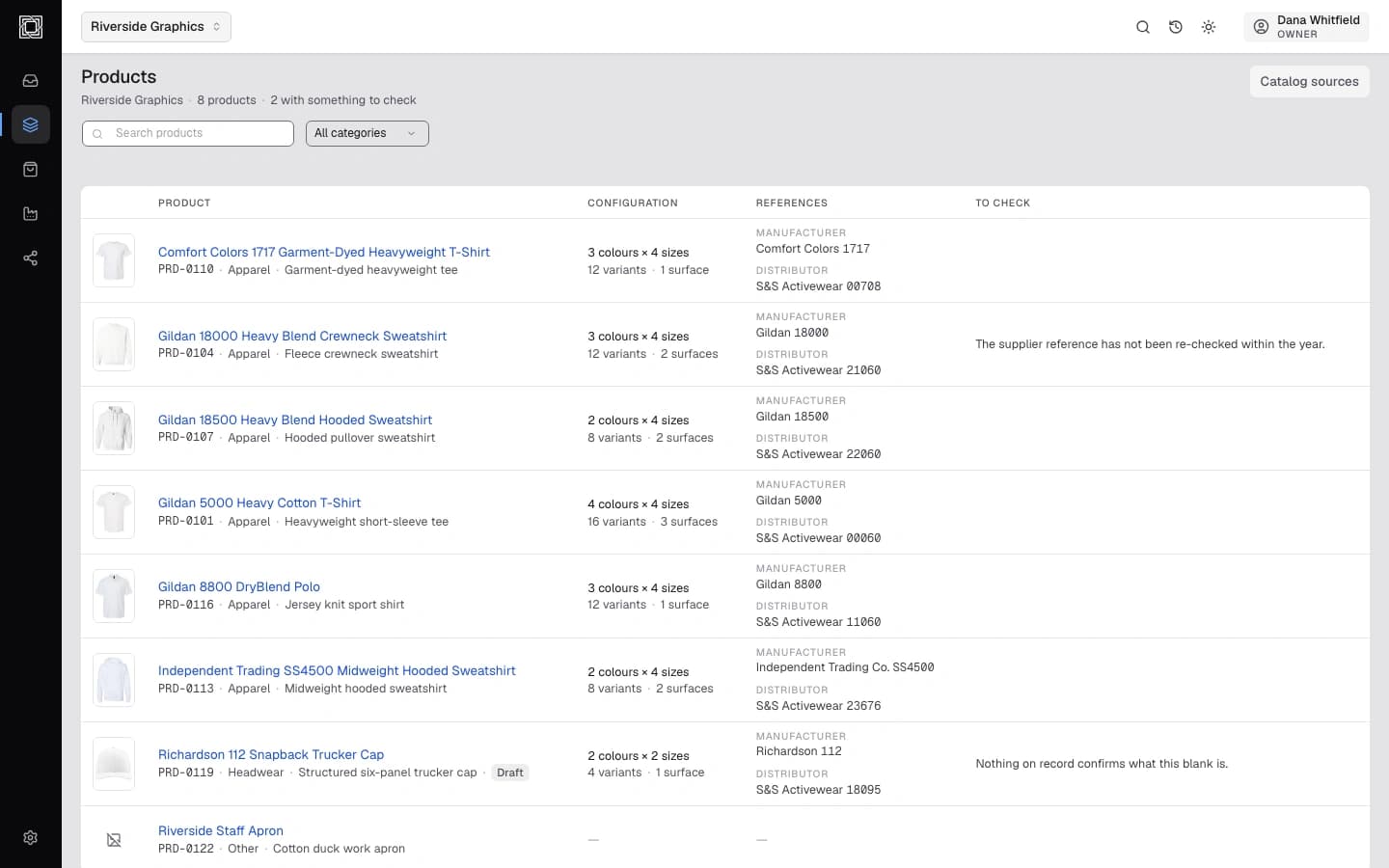 A StudioPOD products list showing eight products, each with its manufacturer, distributor, configuration, and variant count.