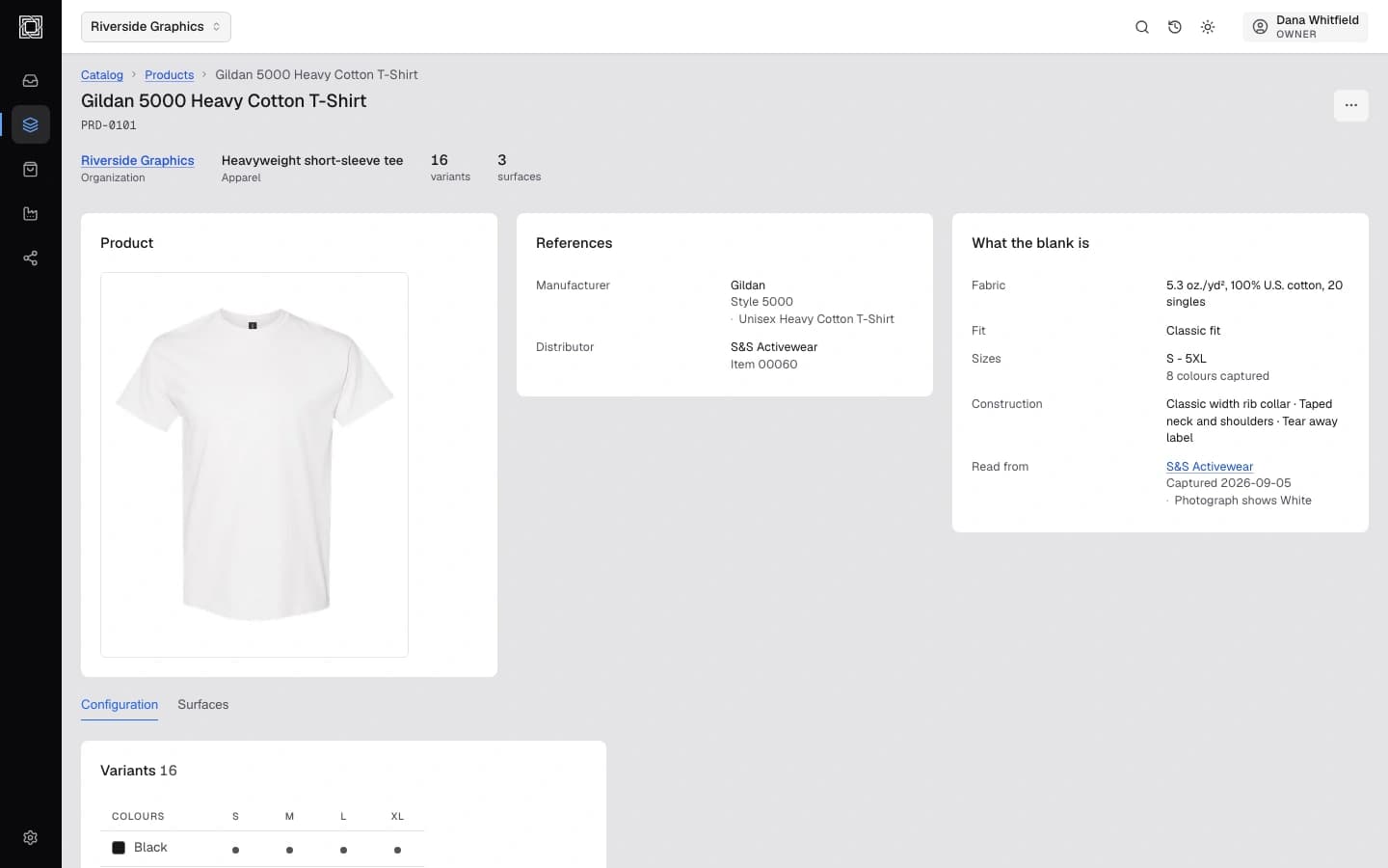 A single StudioPOD product record showing its photo, manufacturer and distributor references, fabric and construction details, and its sixteen colour-and-size variants.