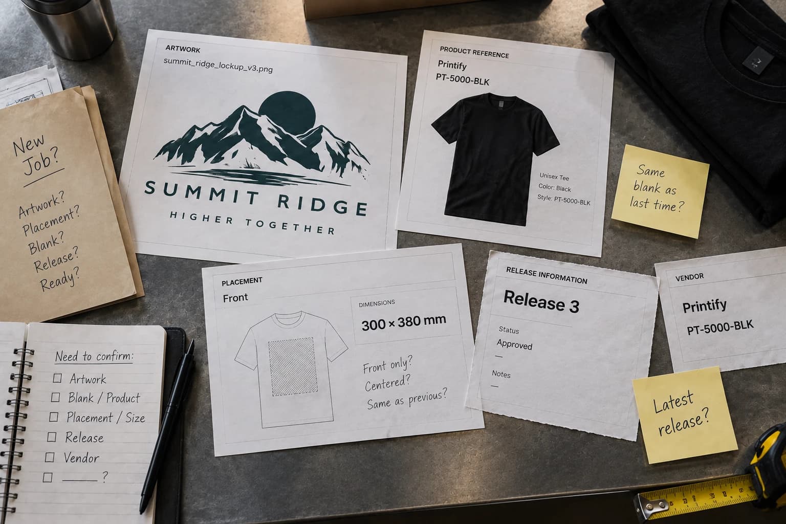 Production handoff workspace with the Summit Ridge artwork sheet, product reference, placement dimensions, release information, vendor reference, and handwritten verification notes. All present, not yet reconciled into one record.