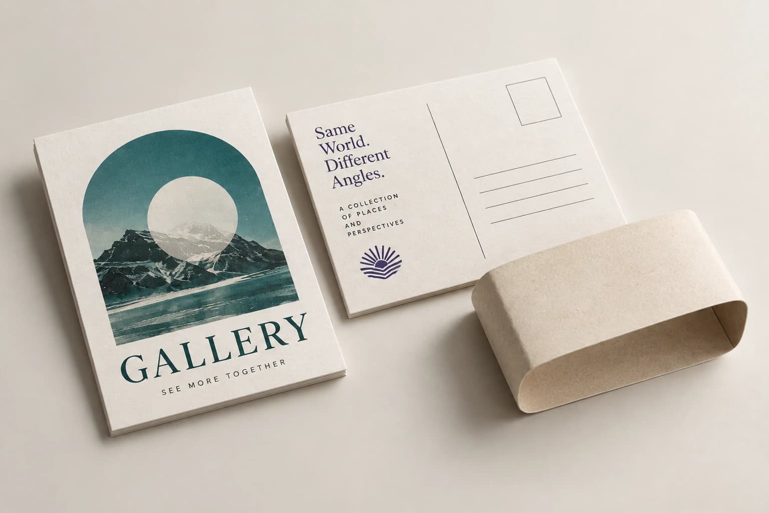 Gallery Postcard Set's three surfaces laid out together: the front card, the reverse card, and the blank belly band.