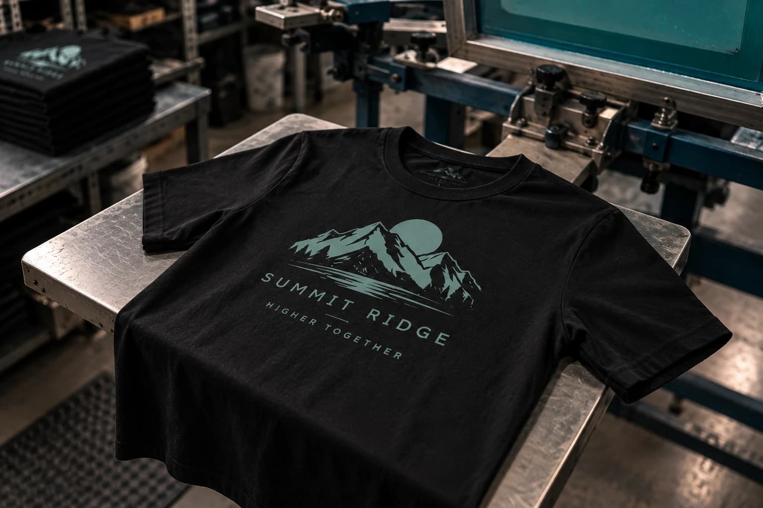Black Summit Ridge trail shirt laid on a production table, with the screen-print press and stacked printed stock behind it.