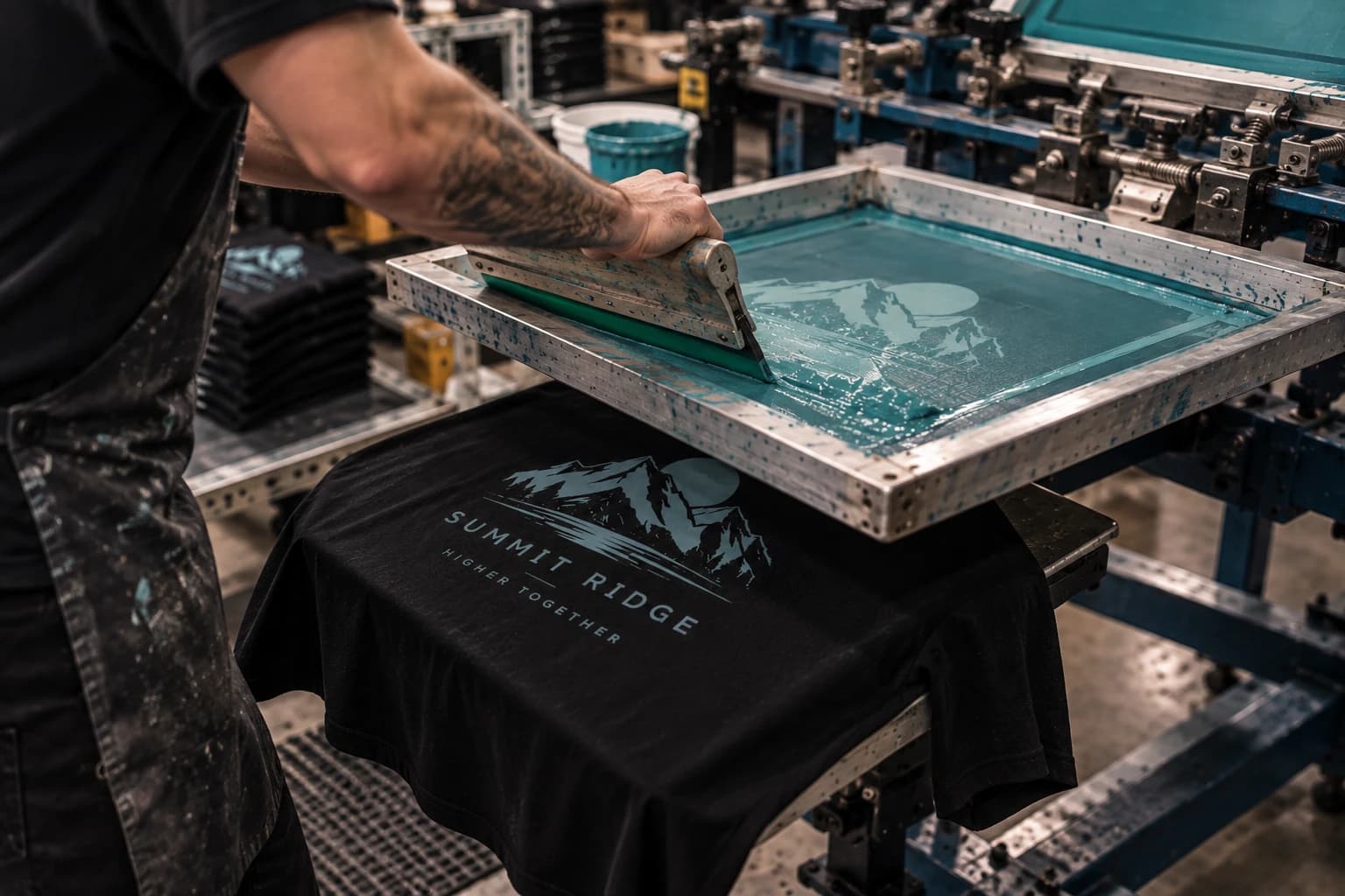 Screen printing the Summit Ridge mark onto the front of a black T-shirt.