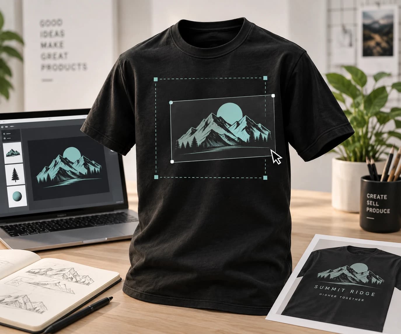 The Summit Ridge mountain artwork being positioned on the shirt with a placement guide.