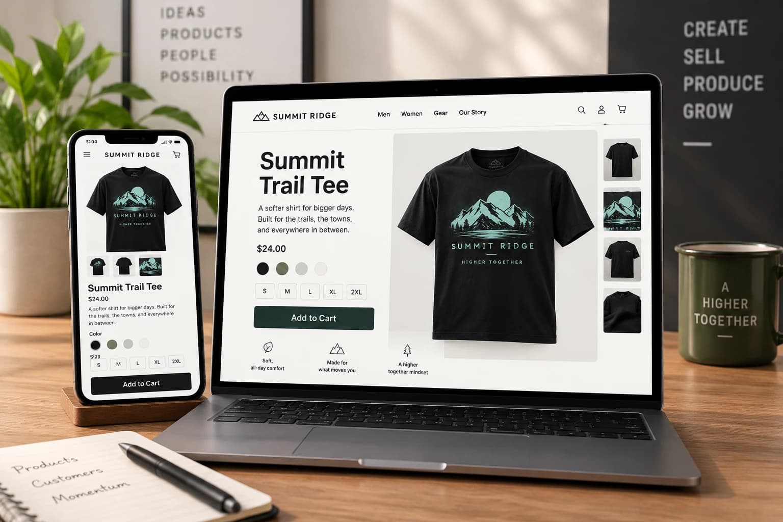 The finished Summit Ridge trail shirt shown on a seller's own product page, viewed on a laptop and a phone.