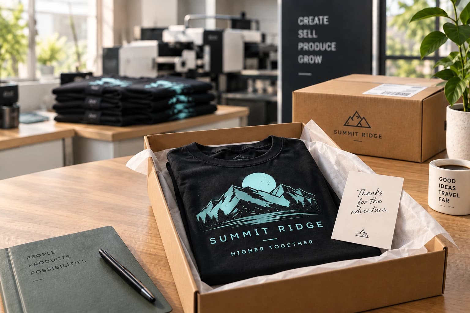 The finished Summit Ridge trail shirt folded and packaged for shipment on a production table.
