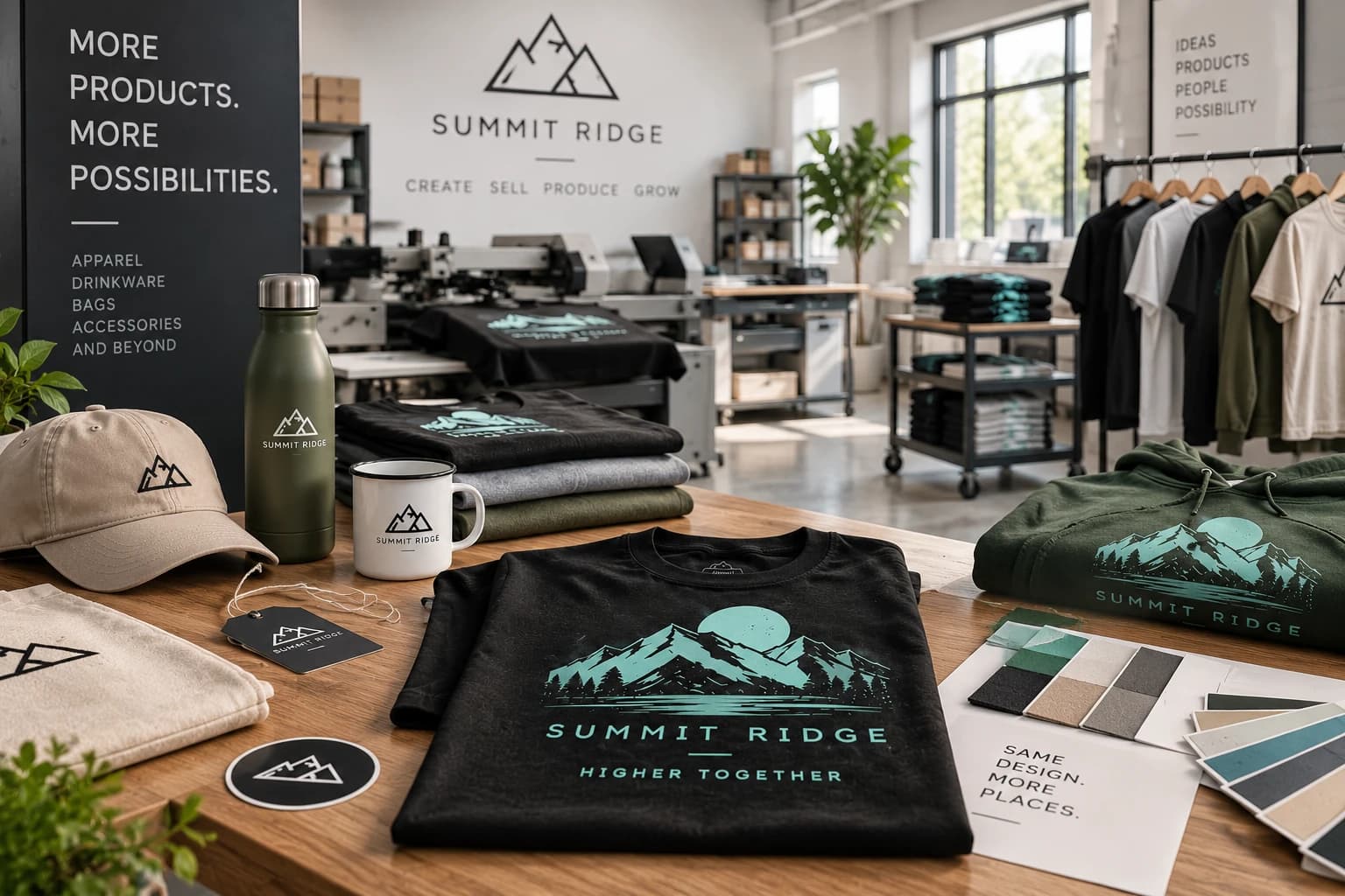 A range of Summit Ridge branded products, including shirts, a hoodie, and drinkware, in a production setting.