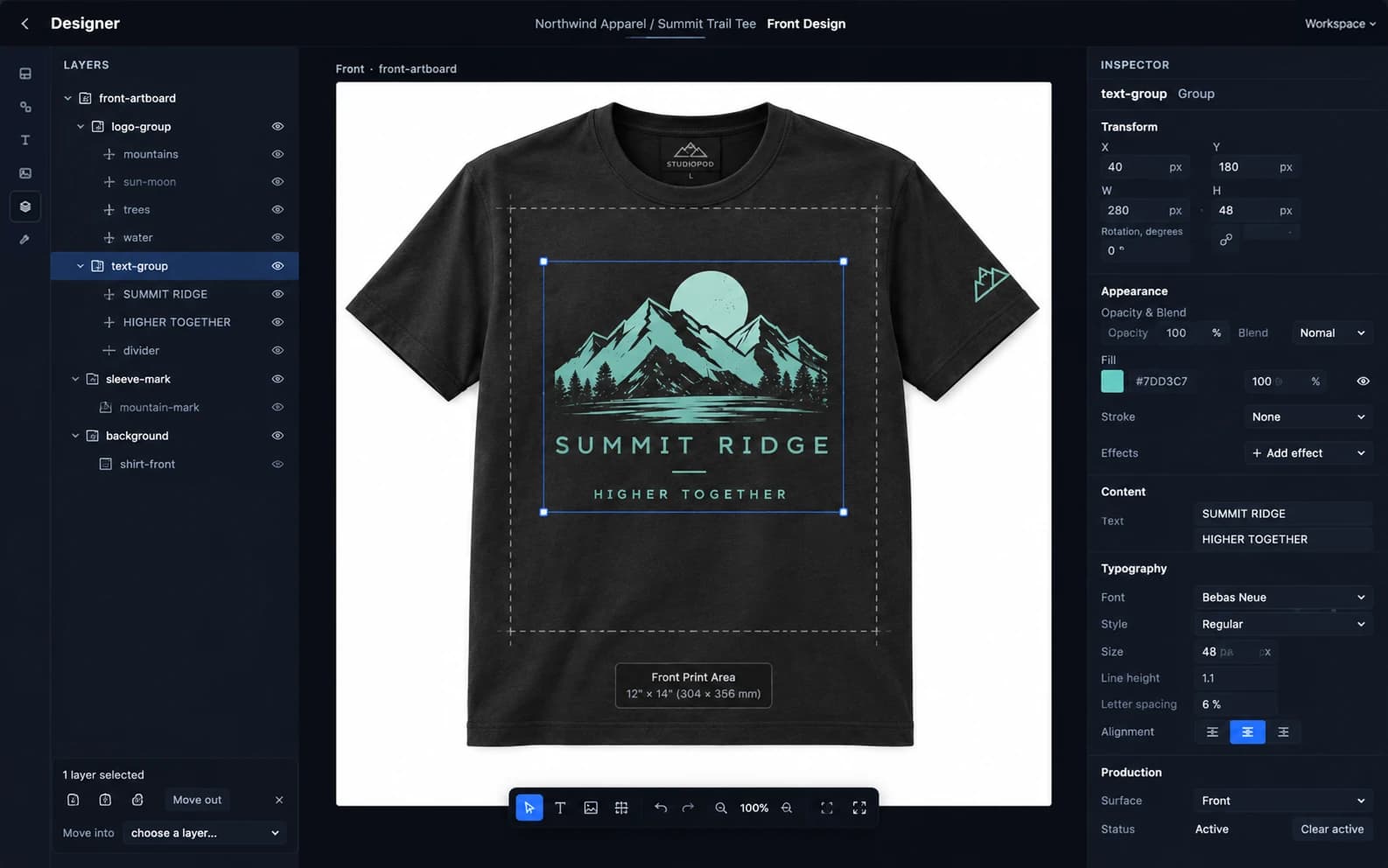 StudioPOD Designer showing the Summit Trail Tee's front design, with layers and an inspector panel naming each object.