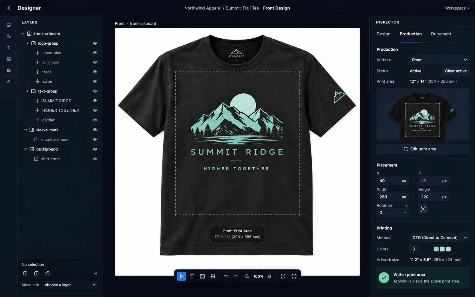 StudioPOD Designer's production panel for the Summit Trail Tee, showing the front surface, artwork placement, and print method.