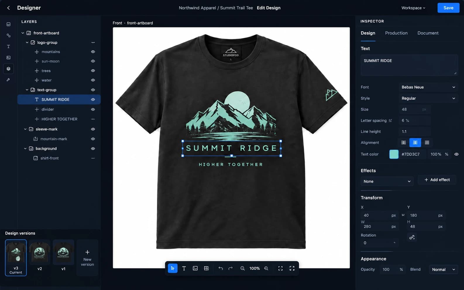 StudioPOD Designer showing an existing Summit Trail Tee design reopened for editing, with design versions and a save action.