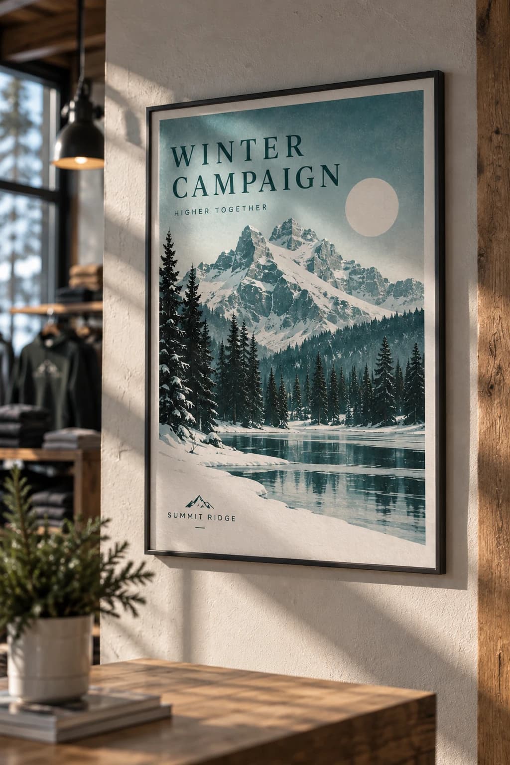 Winter Campaign poster framed on the wall of a boutique interior, beside a clothing rack and a pendant lamp.